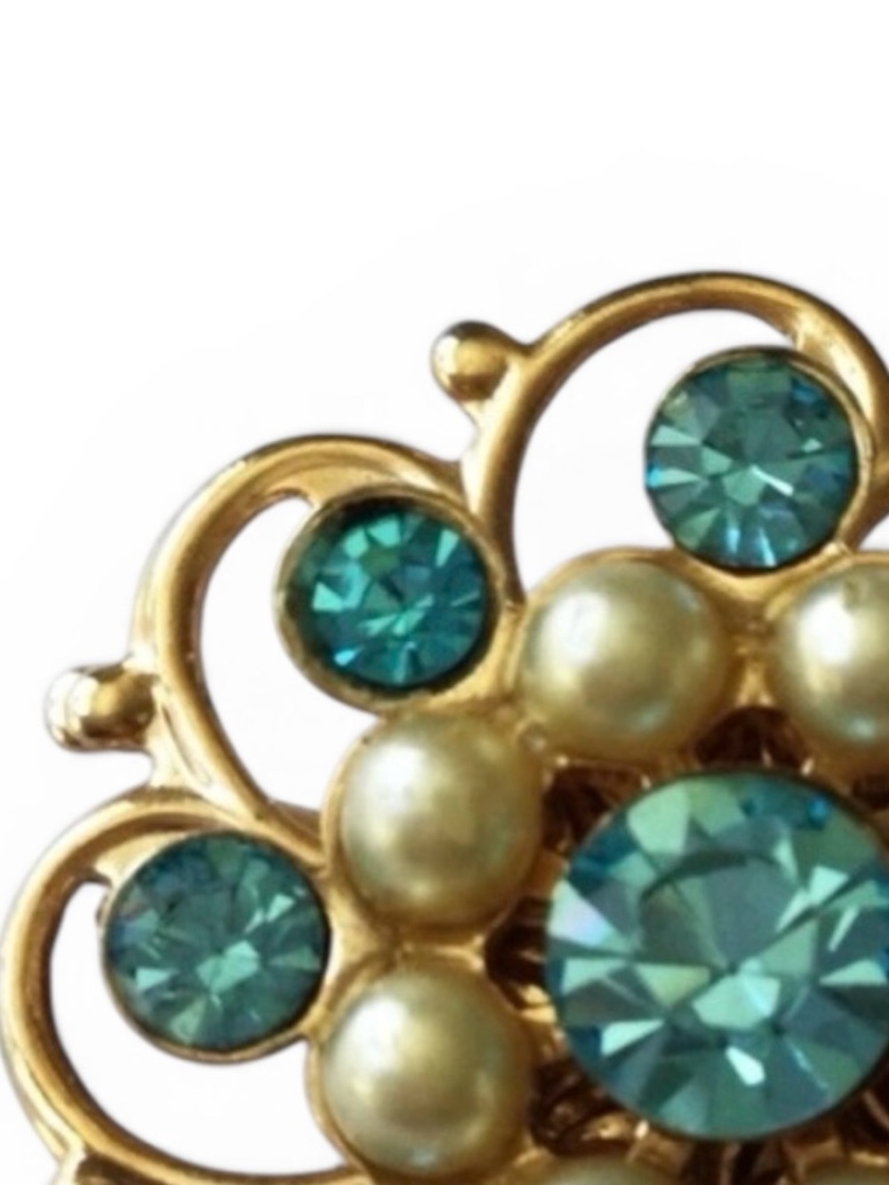 Vintage MCM Gold‑Tone Filigree Flower Brooch Turquoise Rhinestones & Faux Pearls - Picture 8 of 12
